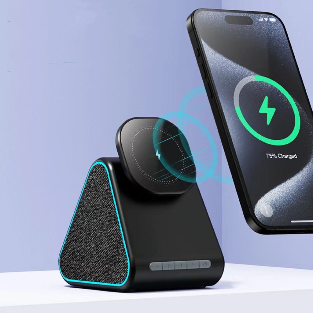 Soporte Cargador Inalámbrico con Altavoz Bluetooth — Compatible iPhone, Ajustable