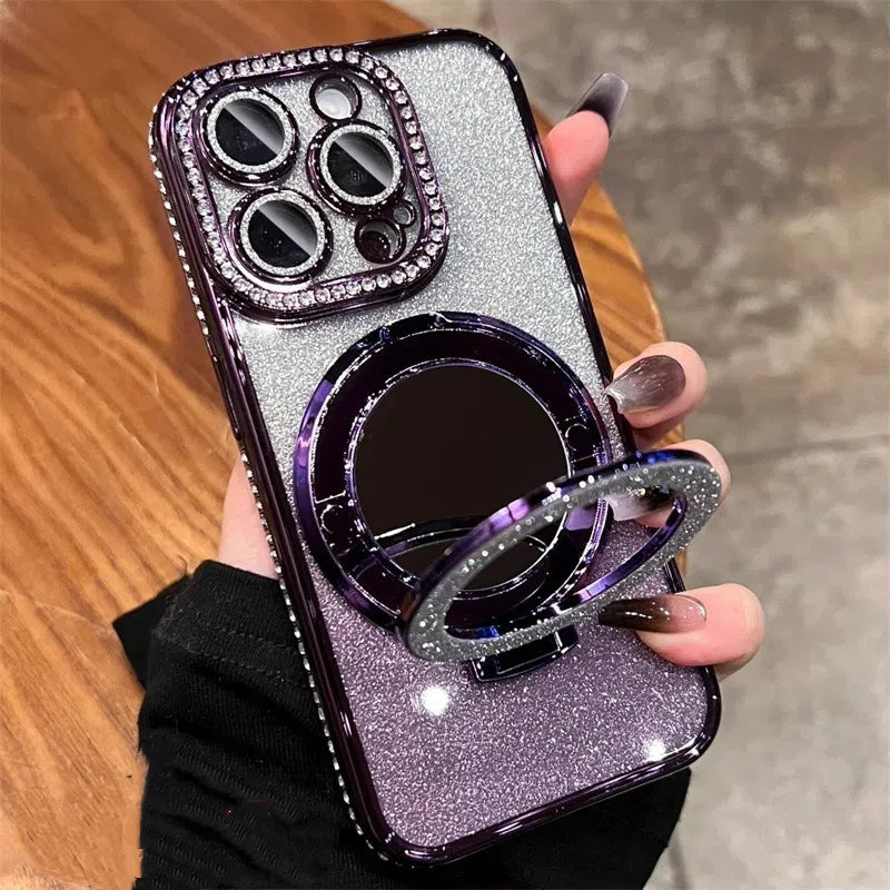 Funda iPhone con Espejo y Purpurina — Magnética, Diamantes, Compatible iPhone 14/15/16