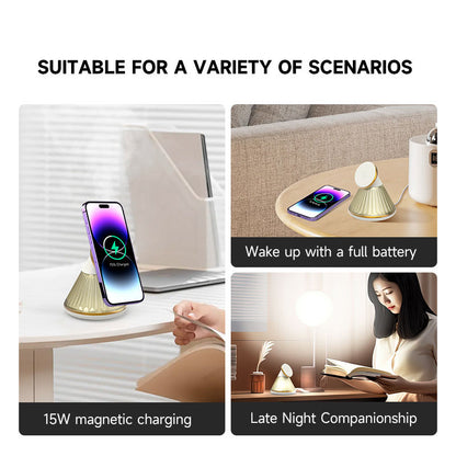 Soporte Cargador Magnético con Luz Nocturna — iPhone 15W, Cónico y Ajustable
