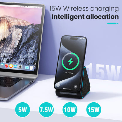 Soporte Cargador Inalámbrico con Altavoz Bluetooth — Compatible iPhone, Ajustable
