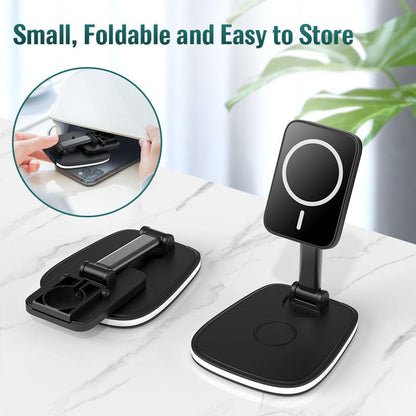 Base de Carga Inalámbrica Multifuncional Plegable — Compatible iPhone y Huawei, Soporte Magnético