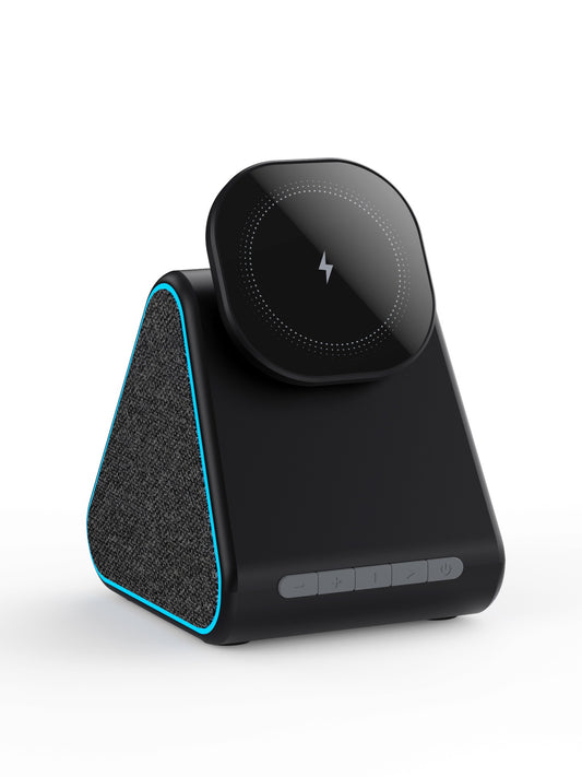 Soporte Cargador Inalámbrico con Altavoz Bluetooth — Compatible iPhone, Ajustable