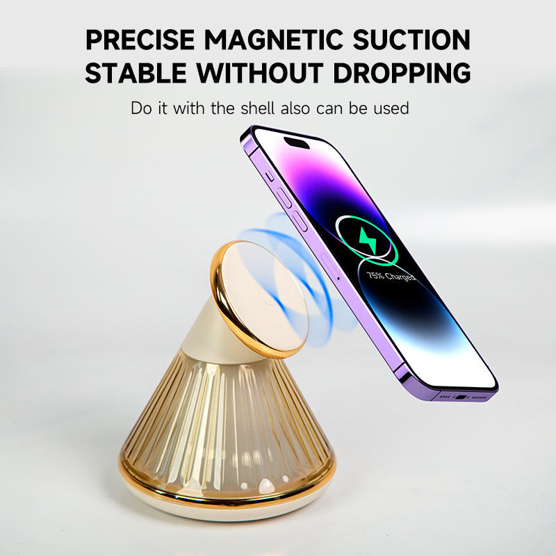 Soporte Cargador Magnético con Luz Nocturna — iPhone 15W, Cónico y Ajustable