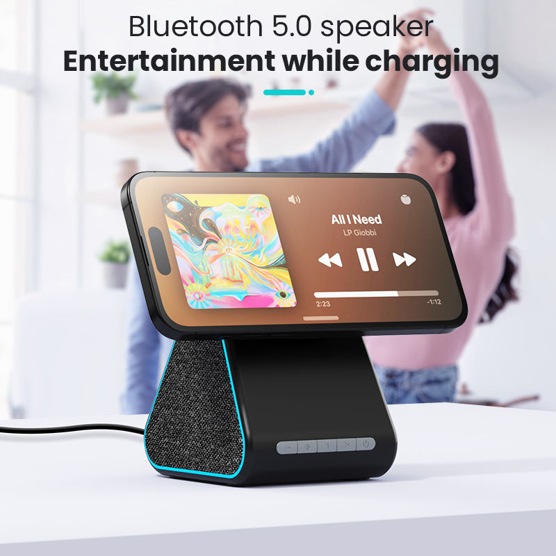 Soporte Cargador Inalámbrico con Altavoz Bluetooth — Compatible iPhone, Ajustable