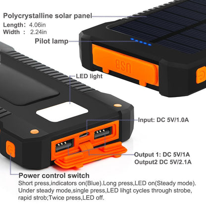 Power Bank Solar 20000mAh con Luz LED — Impermeable, 2 Puertos USB