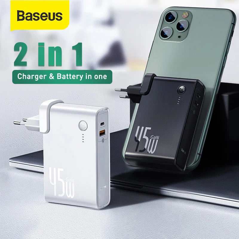 Cargador GaN 2 en 1 Baseus 45W + Power Bank 10000mAh — Carga Rápida USB-C PD