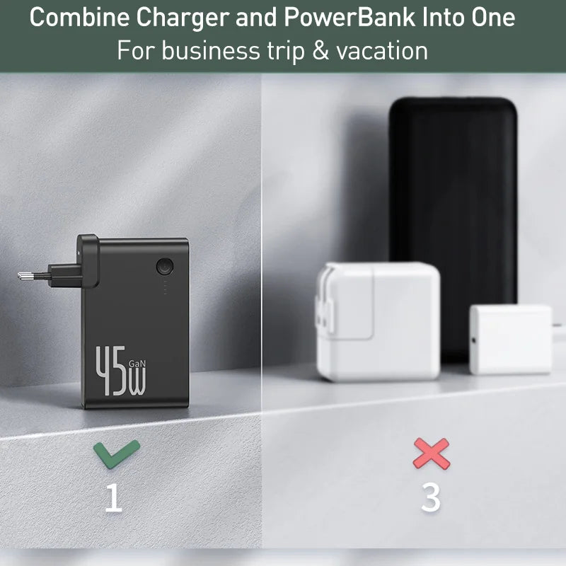 Cargador GaN 2 en 1 Baseus 45W + Power Bank 10000mAh — Carga Rápida USB-C PD
