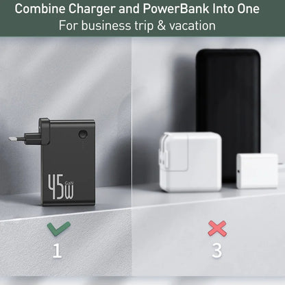 Cargador GaN 2 en 1 Baseus 45W + Power Bank 10000mAh — Carga Rápida USB-C PD