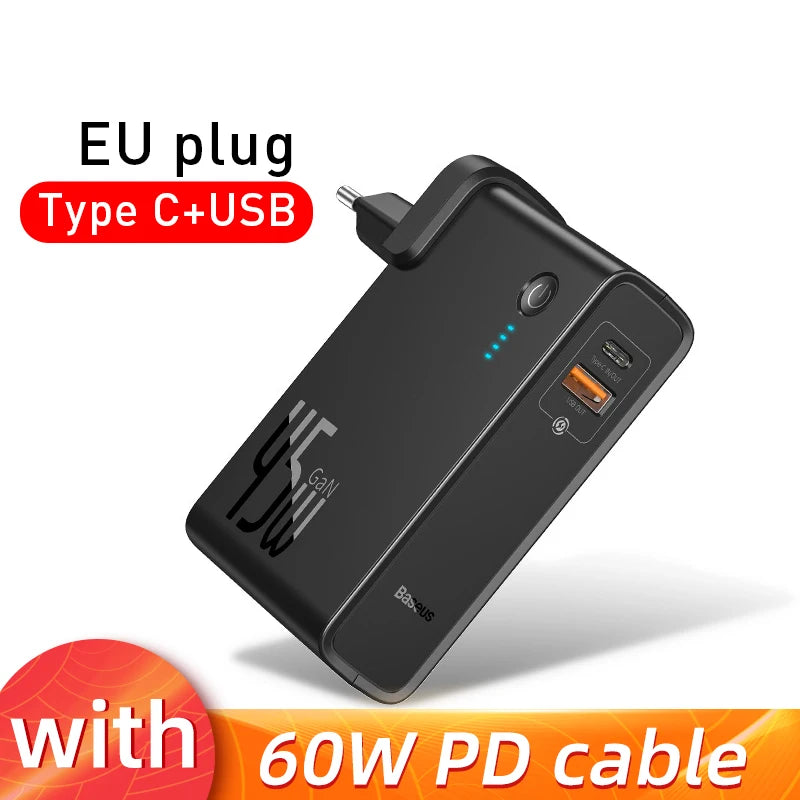 Cargador GaN 2 en 1 Baseus 45W + Power Bank 10000mAh — Carga Rápida USB-C PD