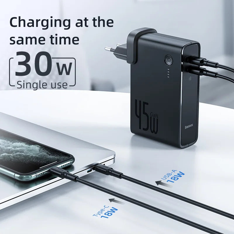 Cargador GaN 2 en 1 Baseus 45W + Power Bank 10000mAh — Carga Rápida USB-C PD